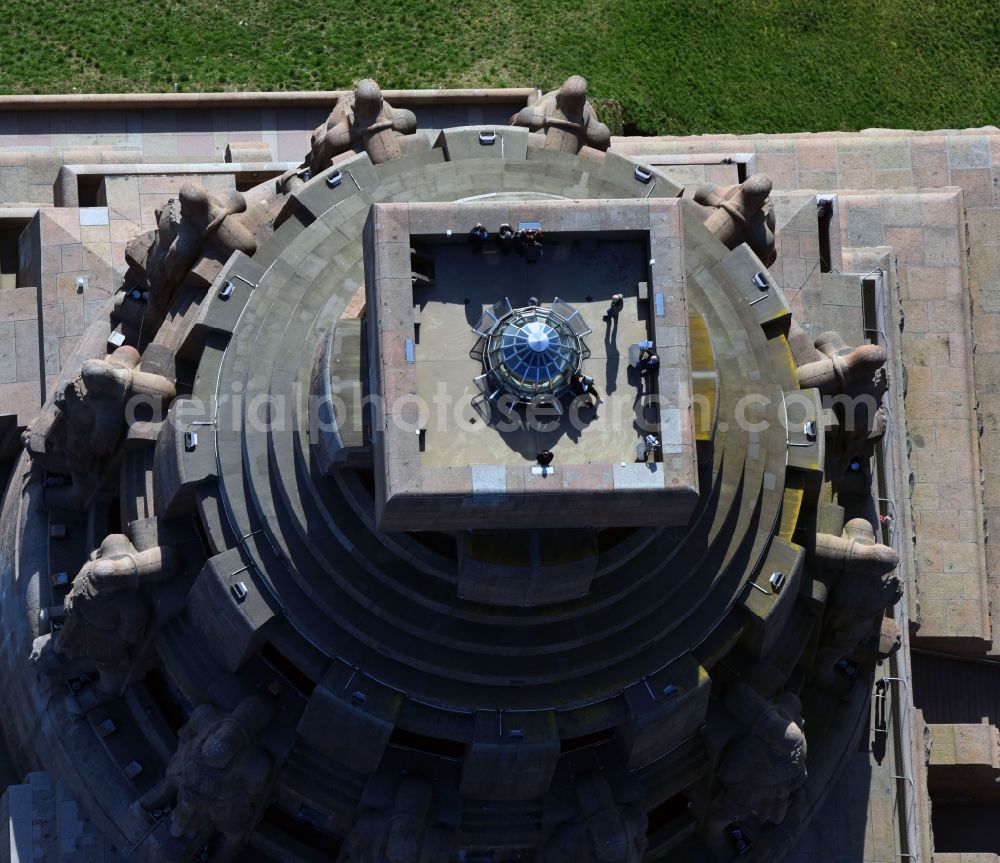 Leipzig from the bird's eye view: Tourist attraction of the historic monument Voelkerschlachtdenkmal on Strasse of 18. Oktober in the district Probstheida in Leipzig in the state Saxony