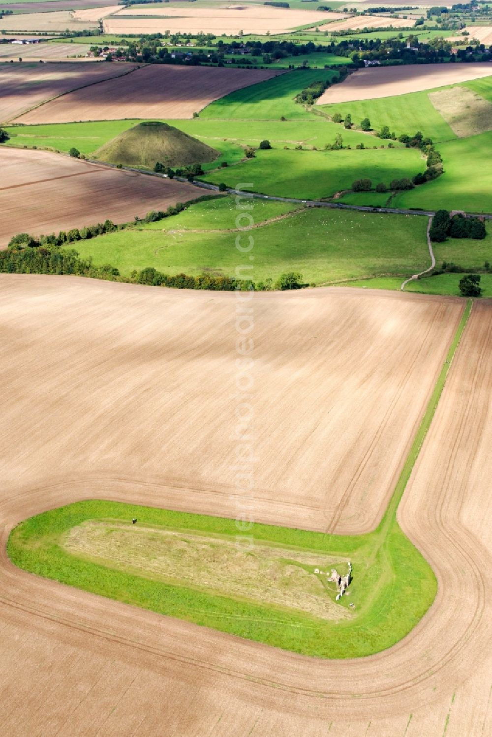 West Kennett from above - Tourist attraction of the historic monument stone circle West Kennet Long Barrow Marlborough in West Kennett in United Kingdom