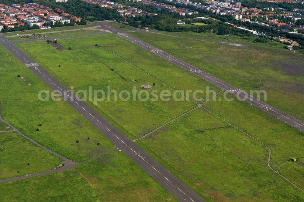 Aerial image Berlin - Locked runway on the site of the former airport on Tempelhofer Feld in the district Tempelhof in Berlin, Germany