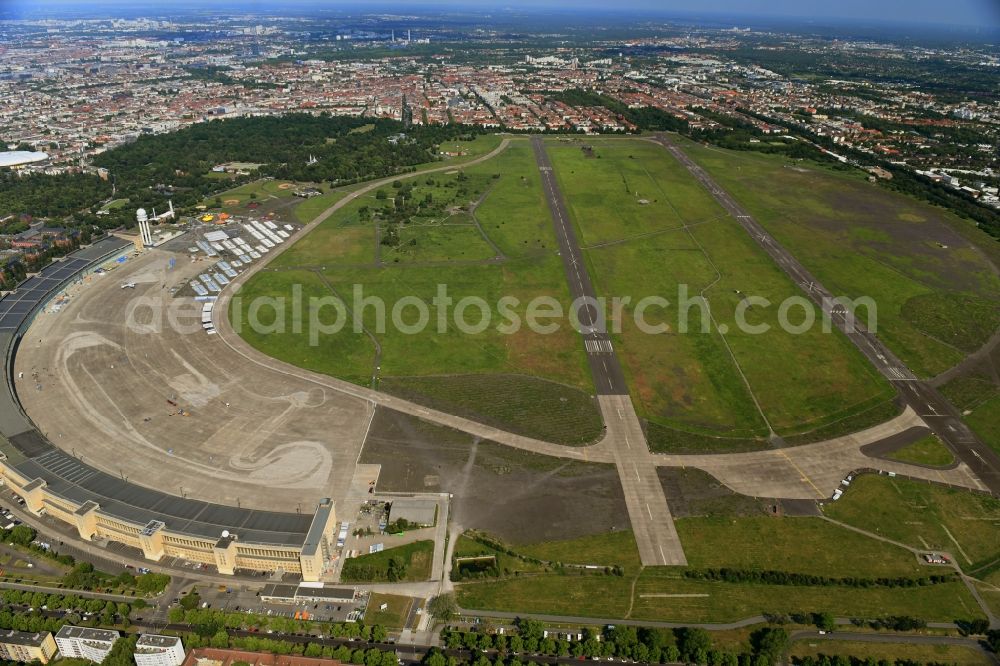 Berlin from above - Locked runway on the site of the former airport on Tempelhofer Feld in the district Tempelhof in Berlin, Germany