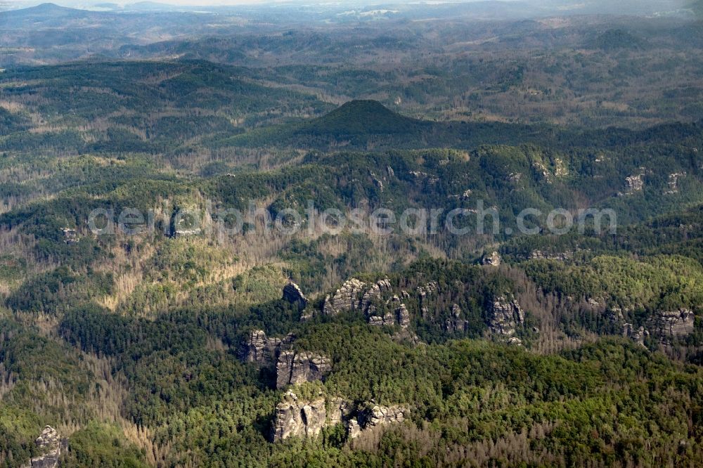 Aerial image Bad Schandau - Rock massif and rock formation Carolafelsen in Bad Schandau Elbe Sandstone Mountains in the state Saxony, Germany