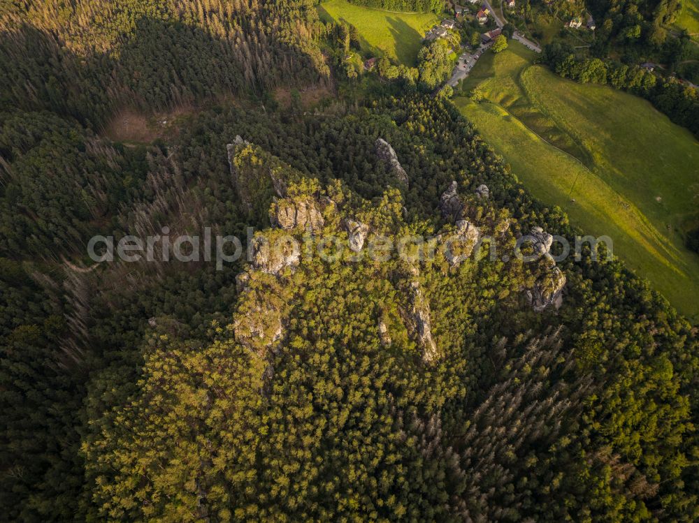 Aerial image Rathen - Sandstone and climbing rocks Honigsteine in Saxon Switzerland near Rathen in the federal state of Saxony, Germany