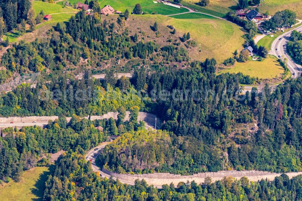 Aerial image Breitnau - Rock massif and rock formation Kreuzfelsenkurve in Breitnau in the state Baden-Wuerttemberg, Germany