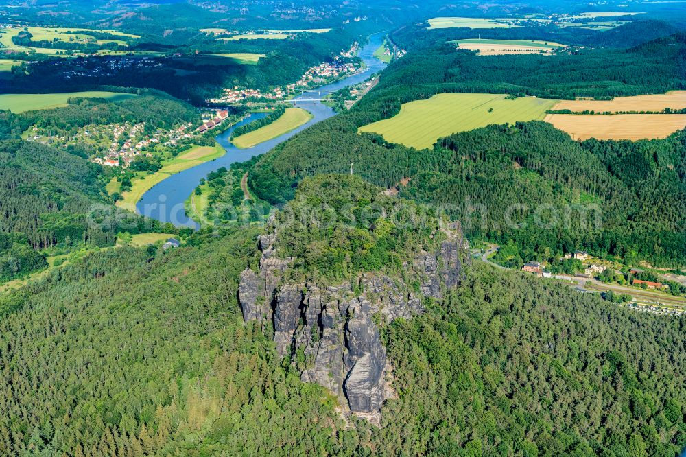 Ebenheit from the bird's eye view: Rock massif and rock formation Lilienstein in Ebenheit Elbe Sandstone Mountains in the state Saxony, Germany