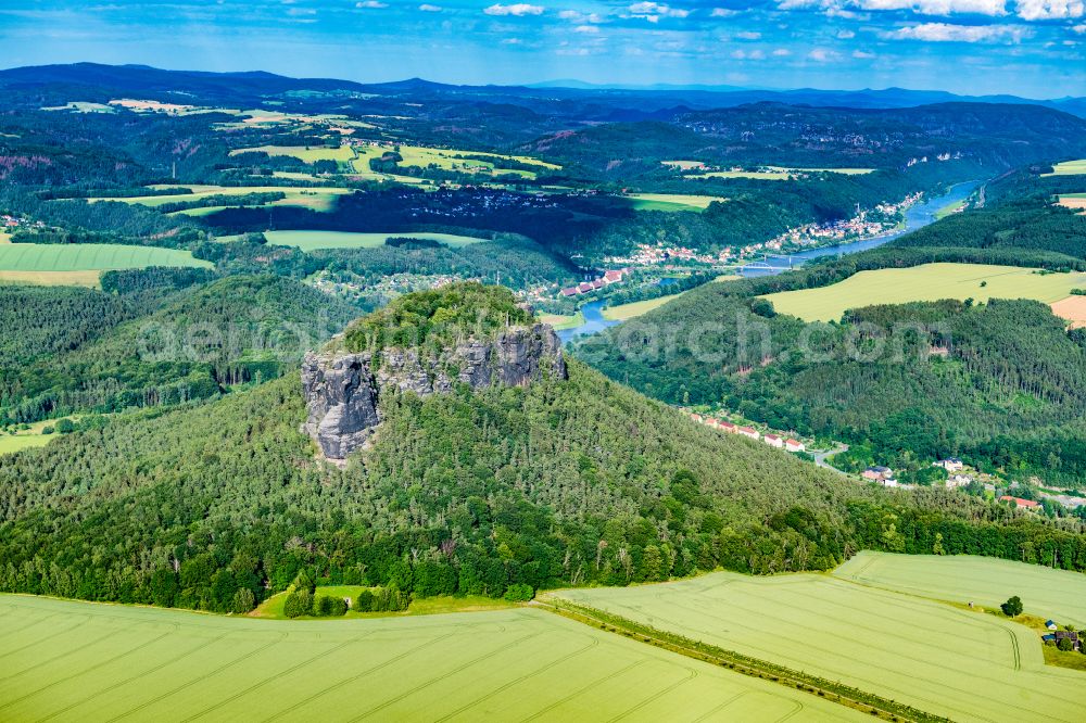 Ebenheit from the bird's eye view: Rock massif and rock formation Lilienstein in Ebenheit Elbe Sandstone Mountains in the state Saxony, Germany