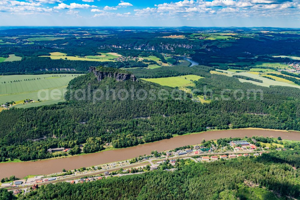 Aerial image Ebenheit - Rock massif and rock formation Lilienstein in Ebenheit Elbe Sandstone Mountains in the state Saxony, Germany