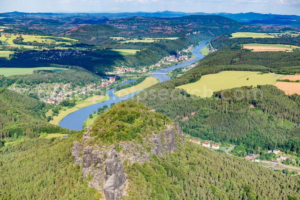 Aerial photograph Ebenheit - Rock massif and rock formation Lilienstein in Ebenheit Elbe Sandstone Mountains in the state Saxony, Germany