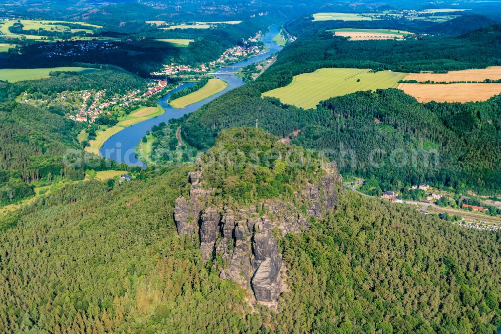 Ebenheit from above - Rock massif and rock formation Lilienstein in Ebenheit Elbe Sandstone Mountains in the state Saxony, Germany