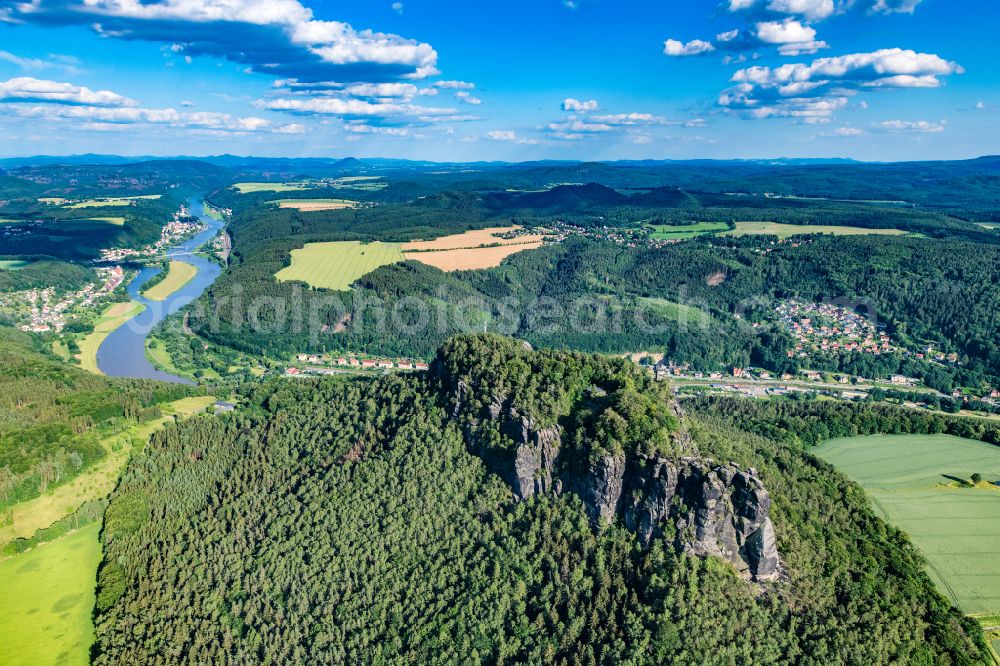 Ebenheit from the bird's eye view: Rock massif and rock formation Lilienstein in Ebenheit Elbe Sandstone Mountains in the state Saxony, Germany