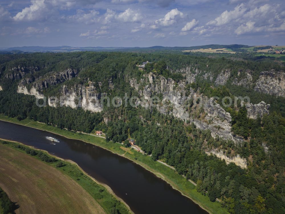 Aerial image Rathen - Rock massif and rock formation and sandstone rocks in the Elbe Sand Mountains on the road Wehlener Weg in Rathen Bastei area in the federal state of Saxony, Germany