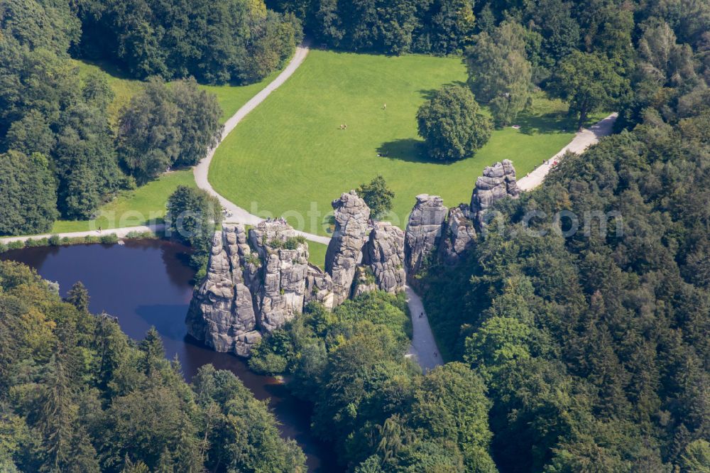 Aerial image Horn-Bad Meinberg - Rock massif and rock formation Sandstone formation Externsteine on the street Eggeweg in Horn-Bad Meinberg in the federal state of North Rhine-Westphalia, Germany