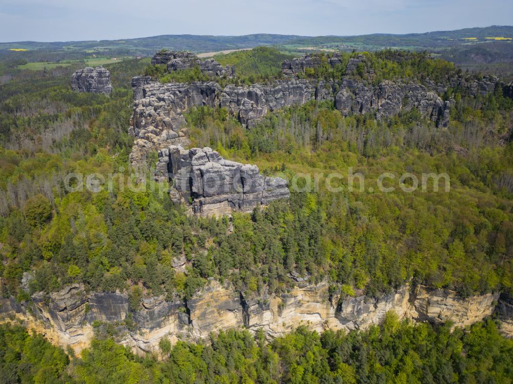 Aerial image Bad Schandau - Rock massif and rock formation Schrammsteinkette on street Vorder Winkel in Bad Schandau Elbe Sandstone Mountains in the state Saxony, Germany