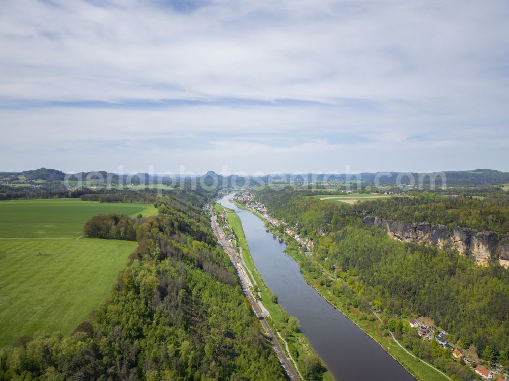 Aerial photograph Bad Schandau - Rock massif and rock formation Schrammsteinkette on street Vorder Winkel in Bad Schandau Elbe Sandstone Mountains in the state Saxony, Germany