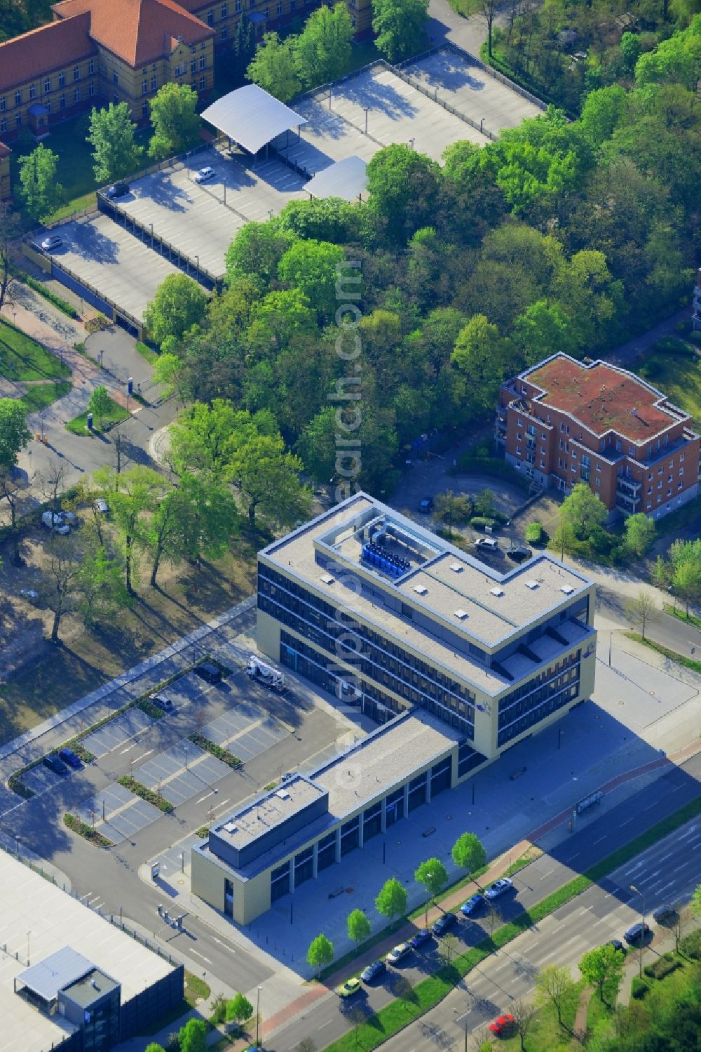 Berlin from above - Health Care Centre at the Emergency Hospital Berlin in the Biesdorf part of the district of Marzahn-Hellersdorf in Berlin. The centre is a new development on the Western entrance of UKB. Residential buildings sit next to it