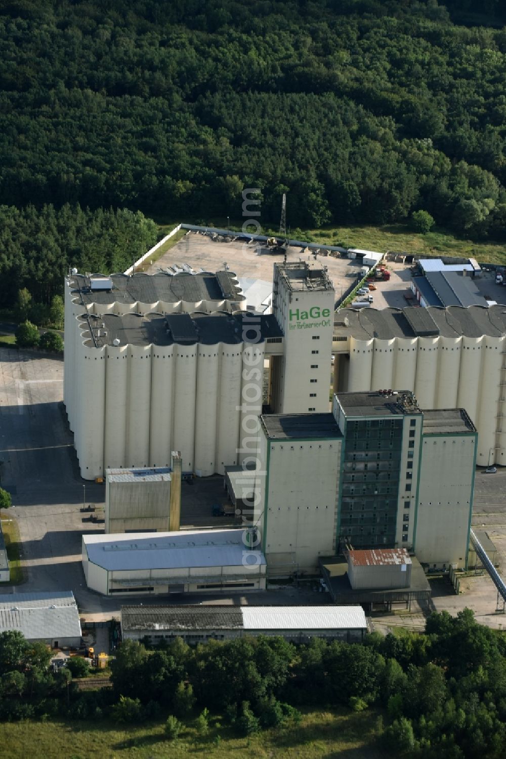 Eberswalde from the bird's eye view: Grain storage silo of HaGe in Eberswalde in the state Brandenburg