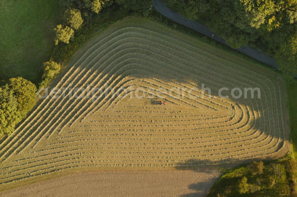 Aerial image Bochum - Blick auf ein Feld / Landschaft, ein Traktor bei der Ernte / Getreideernte.