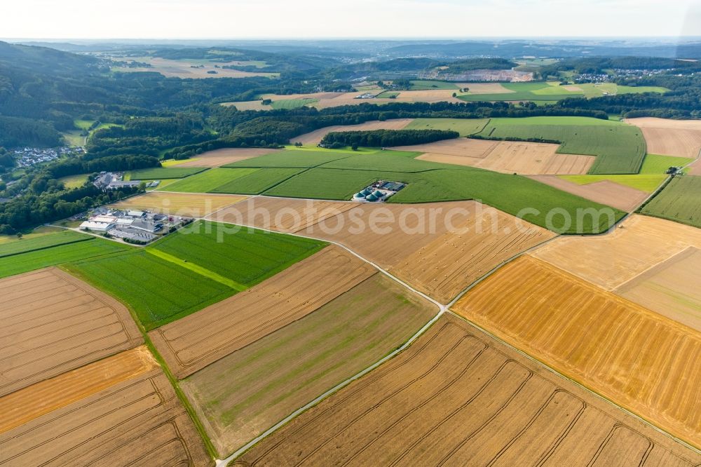 Aerial image Balve - Field structures and landscape at the Volkringhausen part of the town of Balve in the state of North Rhine-Westphalia