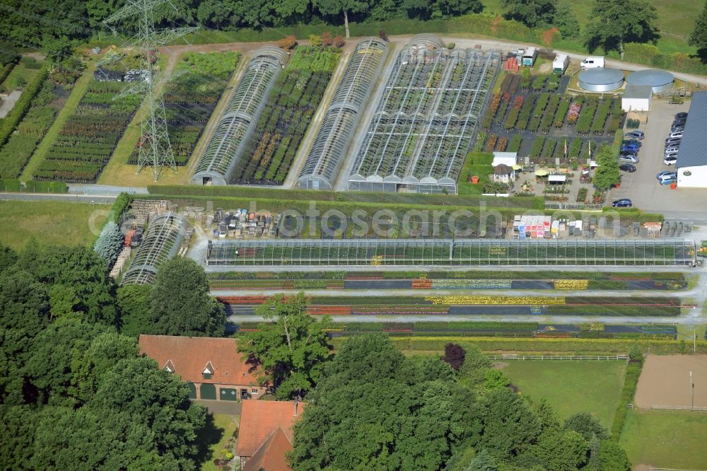 Aerial photograph Gütersloh - Glass roof surfaces in the greenhouse rows for Floriculture in Guetersloh in the state North Rhine-Westphalia