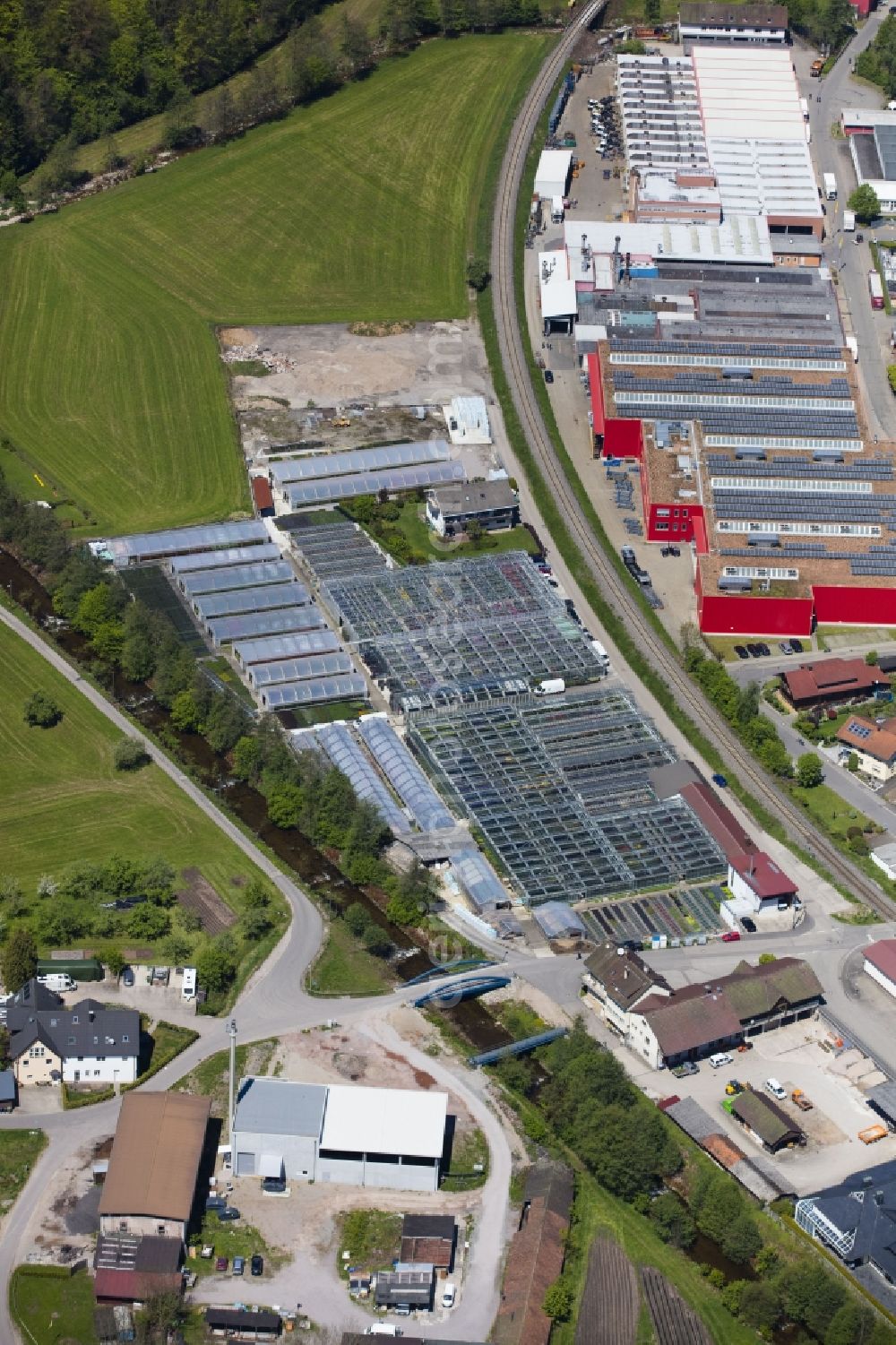 Oppenau from the bird's eye view: Glass roof surfaces in the greenhouse rows for Floriculture in Oppenau in the state Baden-Wuerttemberg, Germany