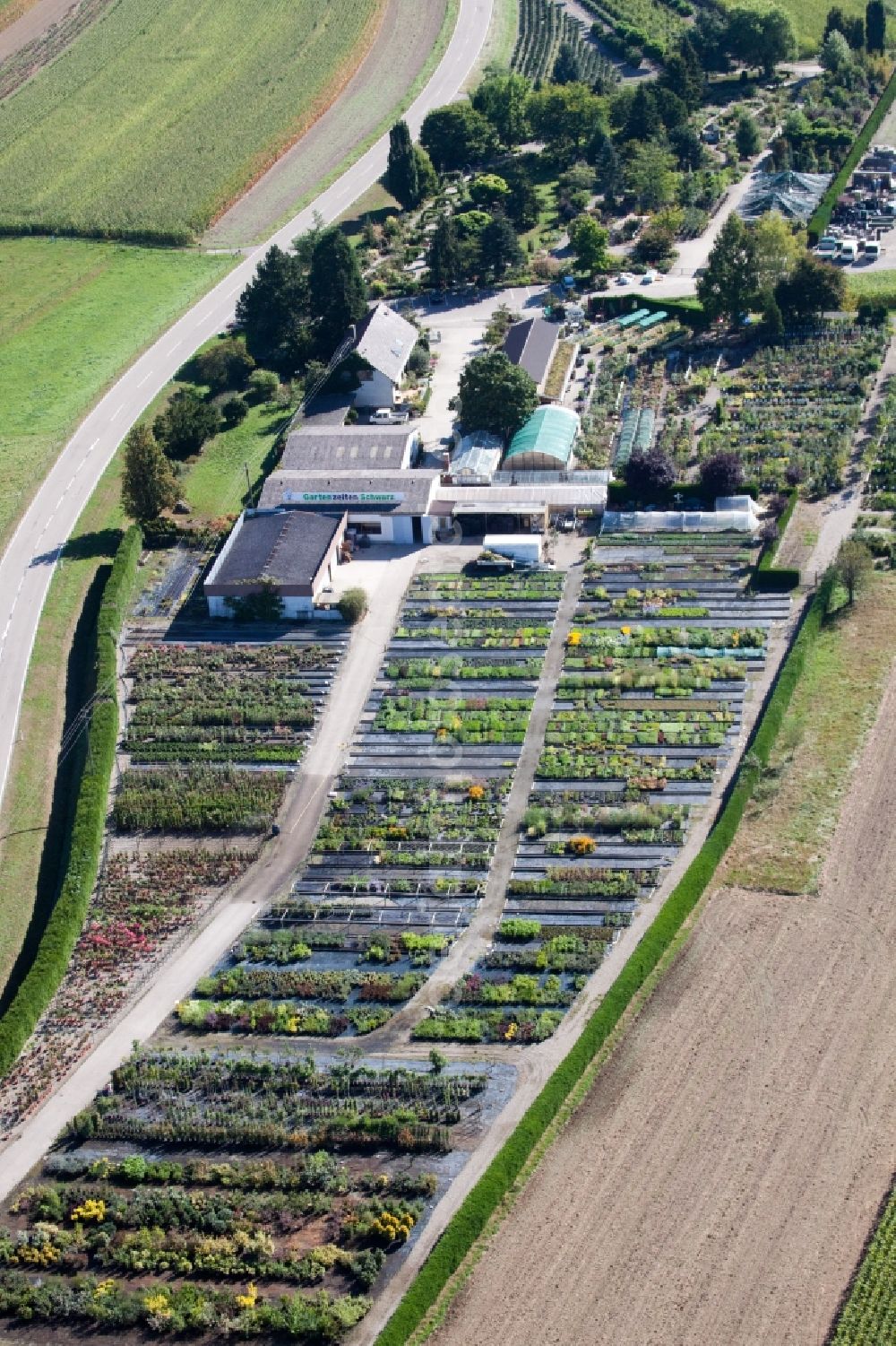 Aerial photograph Kehl - Glass roof surfaces in the greenhouse rows for Floriculture in the district Bodersweier in Kehl in the state Baden-Wuerttemberg