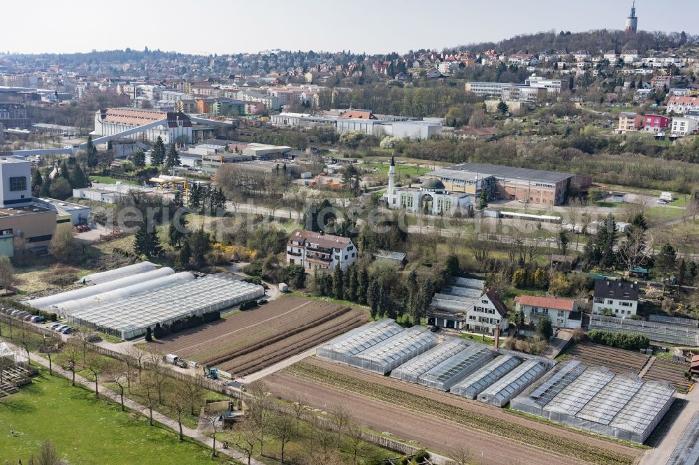 Pforzheim from the bird's eye view: Glass roof surfaces in the greenhouse rows for Floriculture in Pforzheim in the state Baden-Wuerttemberg