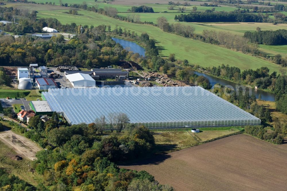 Aerial image Bralitz - Glass roof surfaces in the greenhouse for vegetable growing ranks in Bralitz in the state Brandenburg, Germany