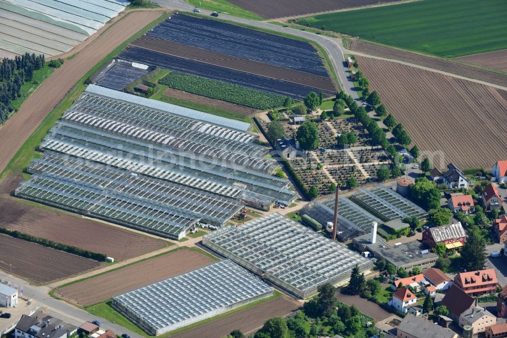 Aerial photograph Fürth - Glass roof surfaces in the greenhouse for vegetable growing ranks in Fuerth in the state Bavaria