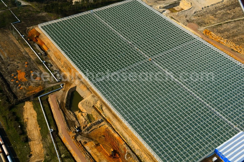 Lutherstadt Wittenberg from the bird's eye view: Glass roof surfaces in the greenhouse for vegetable and fruit growing ranks in Lutherstadt Wittenberg in the state Saxony-Anhalt, Germany