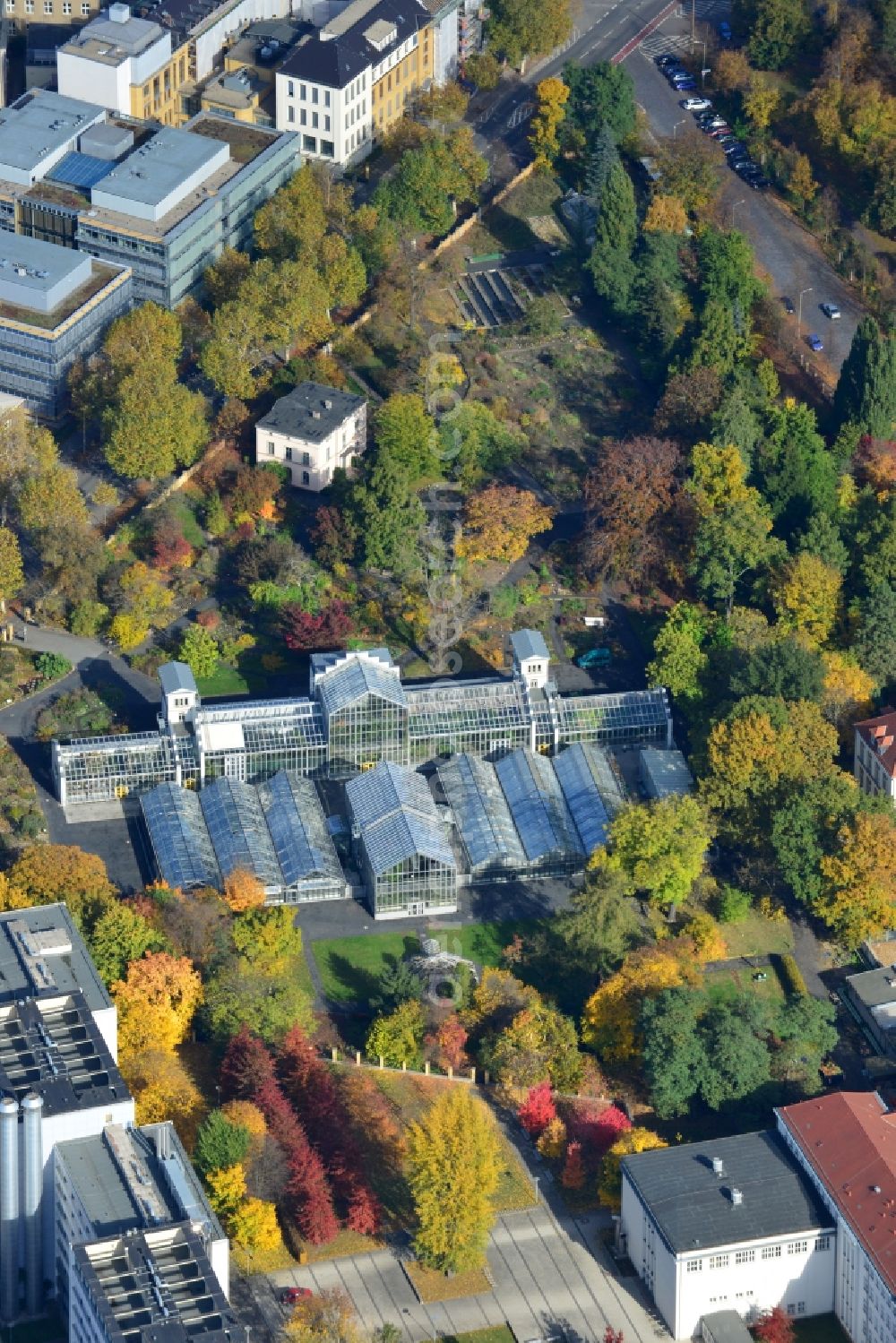 Leipzig from above - View of the green houses of the Botanical Garden of the University Leipzig in the state of Saxony