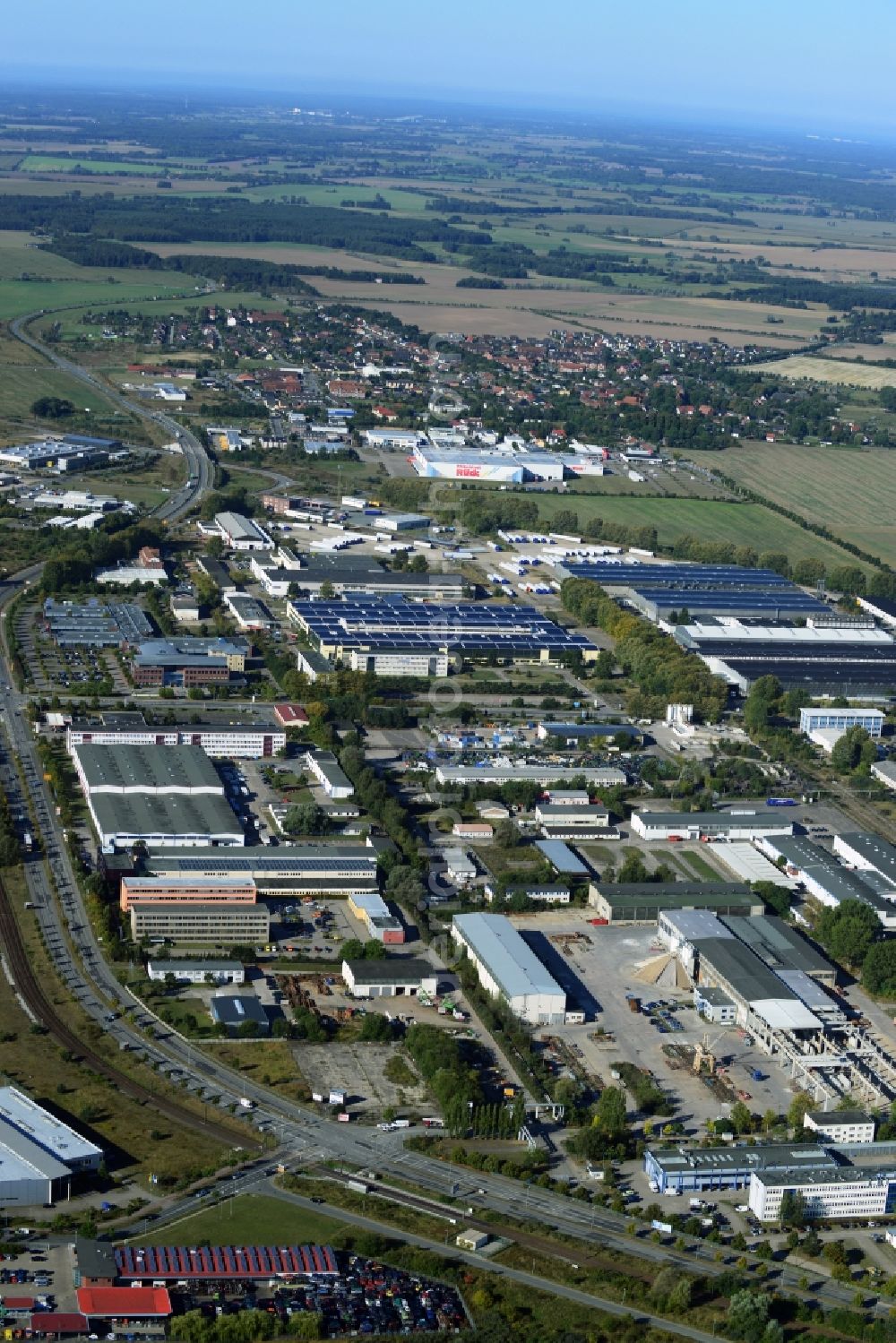 Aerial image Schwerin - Commercial and industrial area with the CHP Pampow in Schwerin in Mecklenburg-Western Pomerania