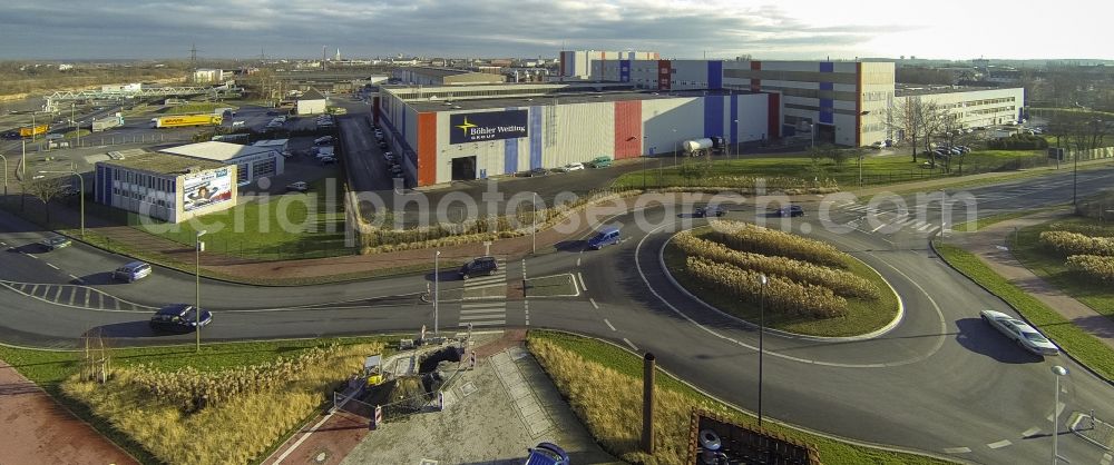 Hamm from above - View of Hamm with the company building of the Böhler Welding Group, the Hafenstraße and the newly built roundabout in the state North Rhine-Westphalia