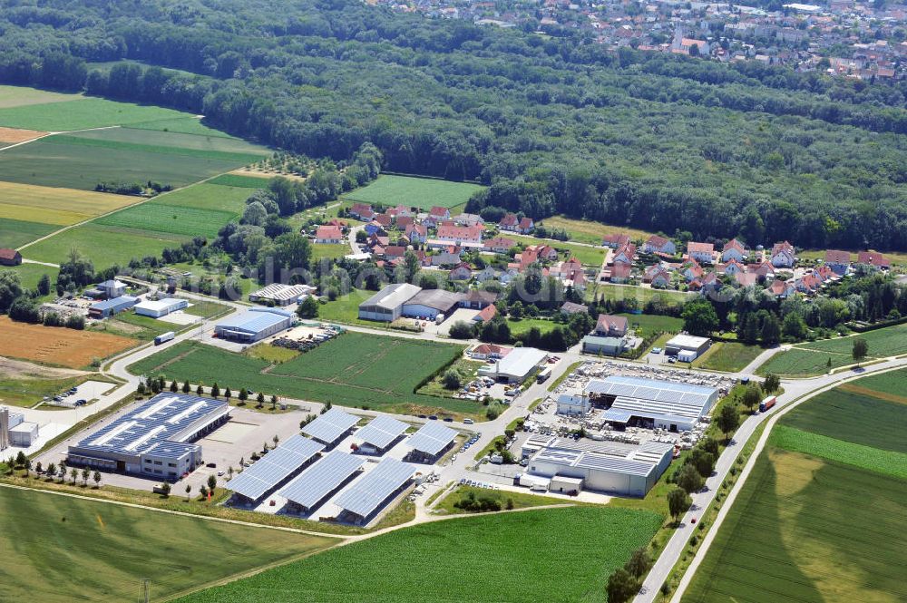 Leipheim from the bird's eye view: Gewerbeimmobilie an der Max-Eyth-Straße im Gewerbe- und Industriegebiet Spinnmähder in Leipheim / Bayern. Ein Projekt der Unternehmensgruppe Markus Gerold. Commercial property at the street Max-Eyth-Strasse in the business park / industrial estate Spinnmaehder in Leipheim / Bavaria.