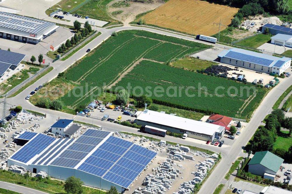 Leipheim from above - Gewerbeimmobilie an der Max-Eyth-Straße im Gewerbe- und Industriegebiet Spinnmähder in Leipheim / Bayern. Ein Projekt der Unternehmensgruppe Markus Gerold. Commercial property at the street Max-Eyth-Strasse in the business park / industrial estate Spinnmaehder in Leipheim / Bavaria.