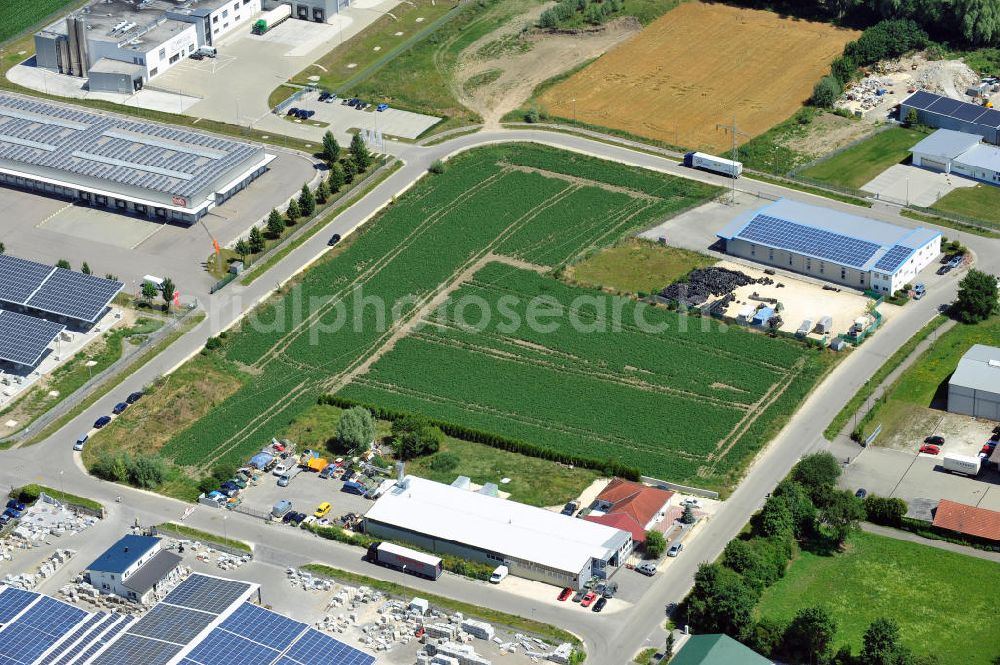 Leipheim from above - Gewerbeimmobilie an der Max-Eyth-Straße im Gewerbe- und Industriegebiet Spinnmähder in Leipheim / Bayern. Ein Projekt der Unternehmensgruppe Markus Gerold. Commercial property at the street Max-Eyth-Strasse in the business park / industrial estate Spinnmaehder in Leipheim / Bavaria.