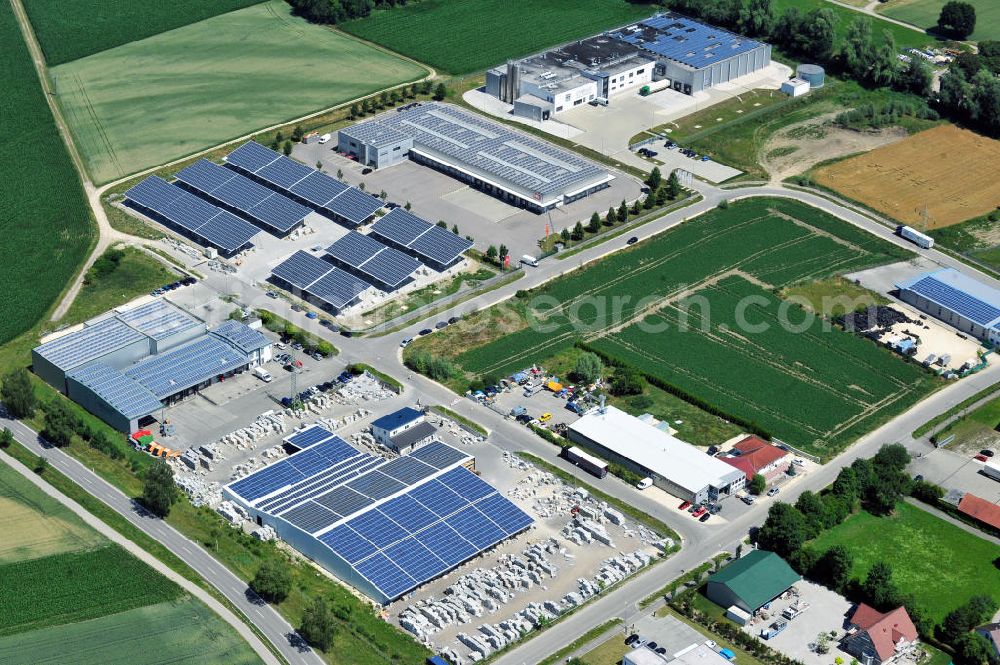 Leipheim from the bird's eye view: Gewerbeimmobilie an der Max-Eyth-Straße im Gewerbe- und Industriegebiet Spinnmähder in Leipheim / Bayern. Ein Projekt der Unternehmensgruppe Markus Gerold. Commercial property at the street Max-Eyth-Strasse in the business park / industrial estate Spinnmaehder in Leipheim / Bavaria.