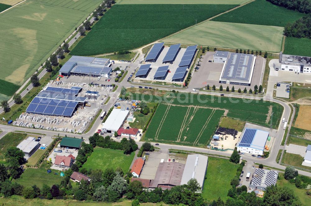 Leipheim from the bird's eye view: Gewerbeimmobilie an der Max-Eyth-Straße im Gewerbe- und Industriegebiet Spinnmähder in Leipheim / Bayern. Ein Projekt der Unternehmensgruppe Markus Gerold. Commercial property at the street Max-Eyth-Strasse in the business park / industrial estate Spinnmaehder in Leipheim / Bavaria.