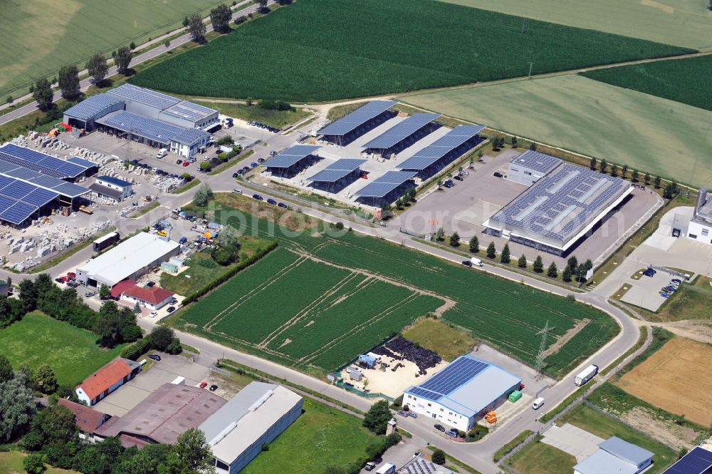 Leipheim from the bird's eye view: Gewerbeimmobilie an der Max-Eyth-Straße im Gewerbe- und Industriegebiet Spinnmähder in Leipheim / Bayern. Ein Projekt der Unternehmensgruppe Markus Gerold. Commercial property at the street Max-Eyth-Strasse in the business park / industrial estate Spinnmaehder in Leipheim / Bavaria.