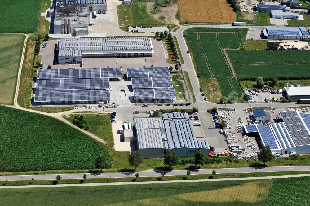 Leipheim from above - Gewerbeimmobilien im Gewerbe- und Industriegebiet Spinnmähder in Leipheim / Bayern. Commercial propertys in the business park / industrial estate Spinnmaehder in Leipheim / Bavaria.