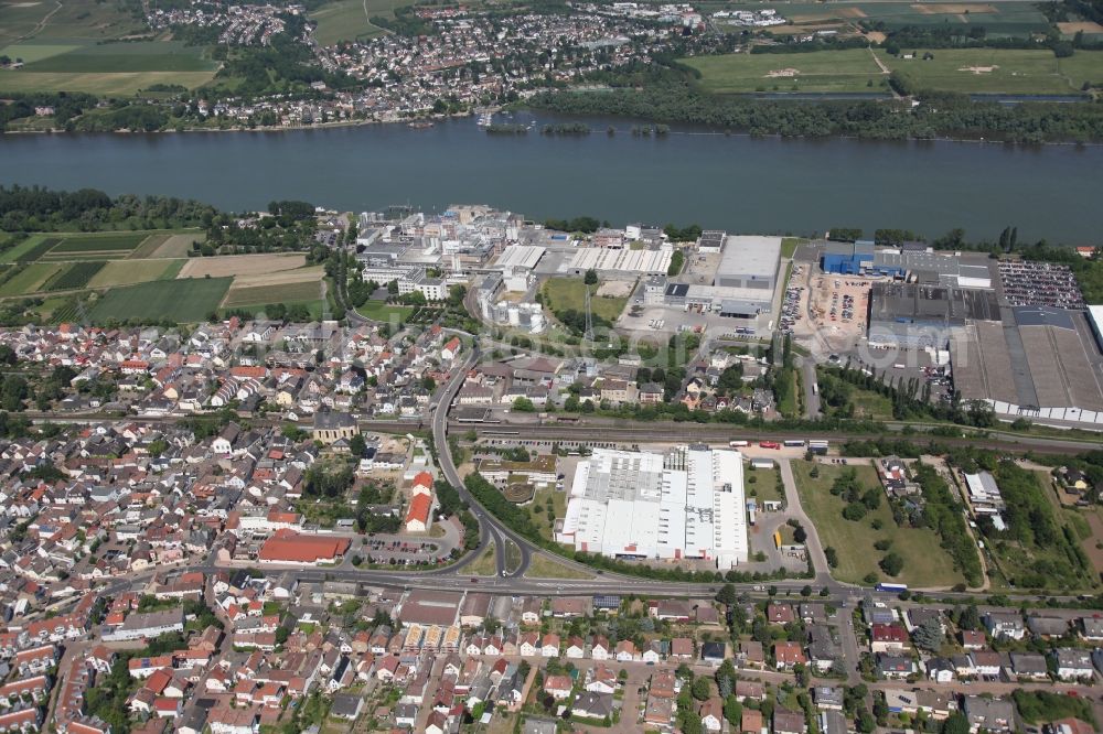 Budenheim from the bird's eye view: Commercial and industrial areas along the Rhine in Budenheim in the state of Rhineland-Palatinate. With the residential areas along the K49 and Main Street