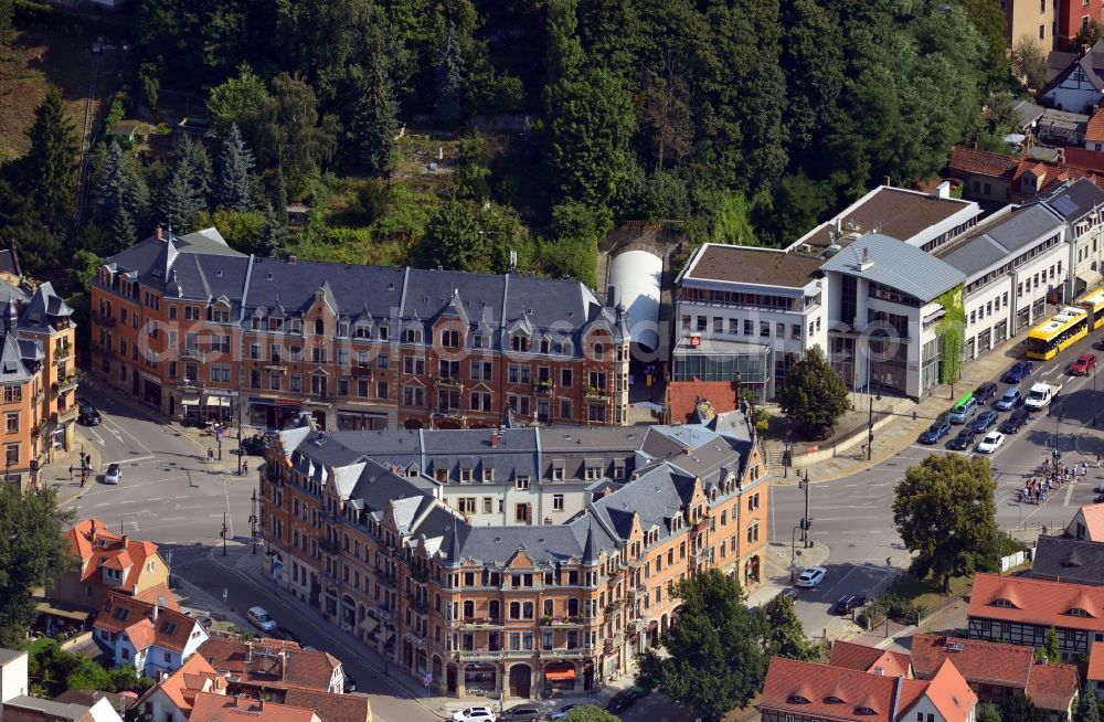 Aerial photograph Dresden - View of residential and commercial buildings at Koernerplatz in the mansion district Loschwitz with entry to the funicular railway in Dresden in the state Saxony