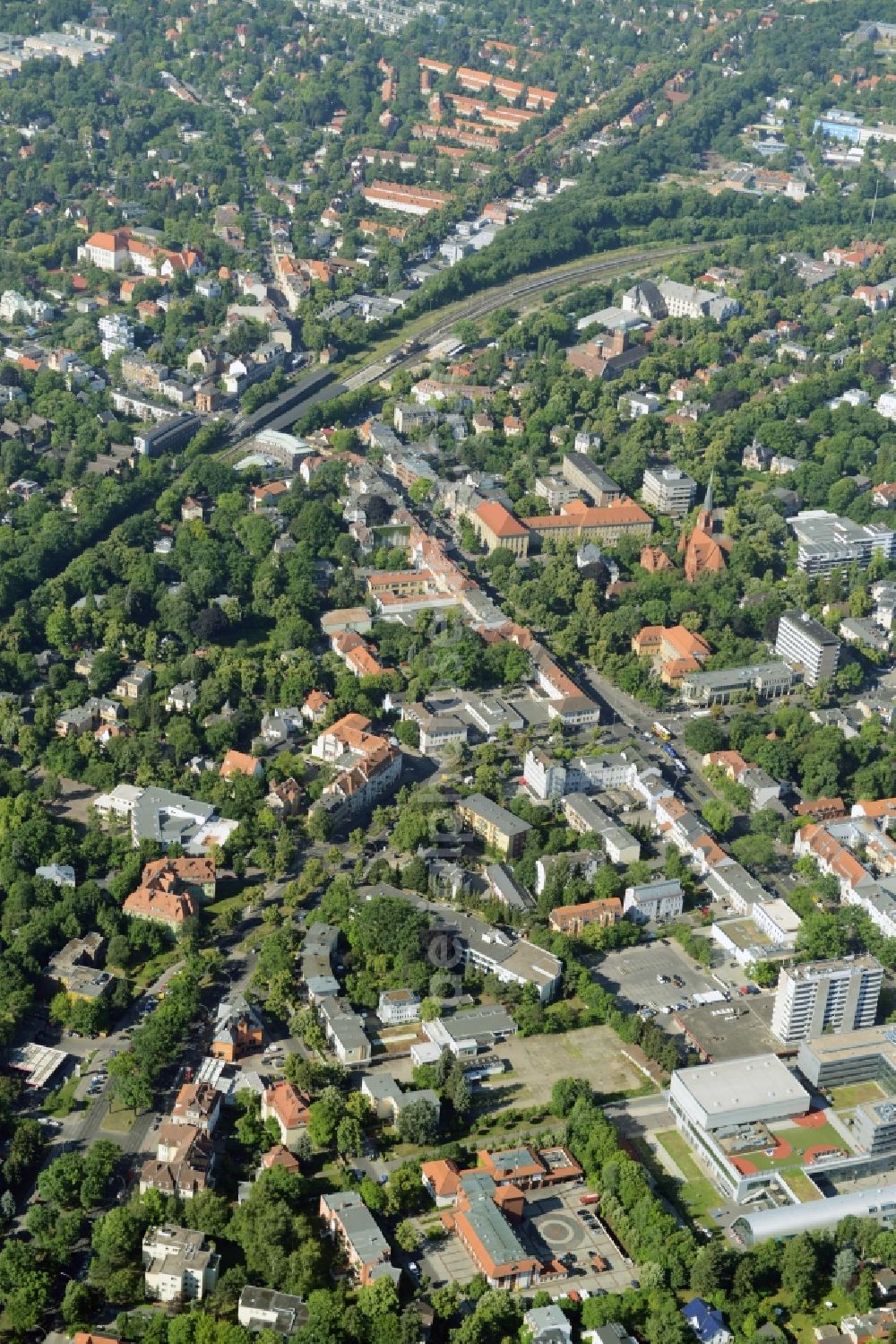 Berlin from above - Gewerbebrache der ehemaligen KFZ - Pruefstelle Zehlendorf an der Charlottenstrasse in the residential area of a multi-family house settlement in Berlin in Germany. The company CDS housing Berlin GmbH is planning to build a modern residential complex