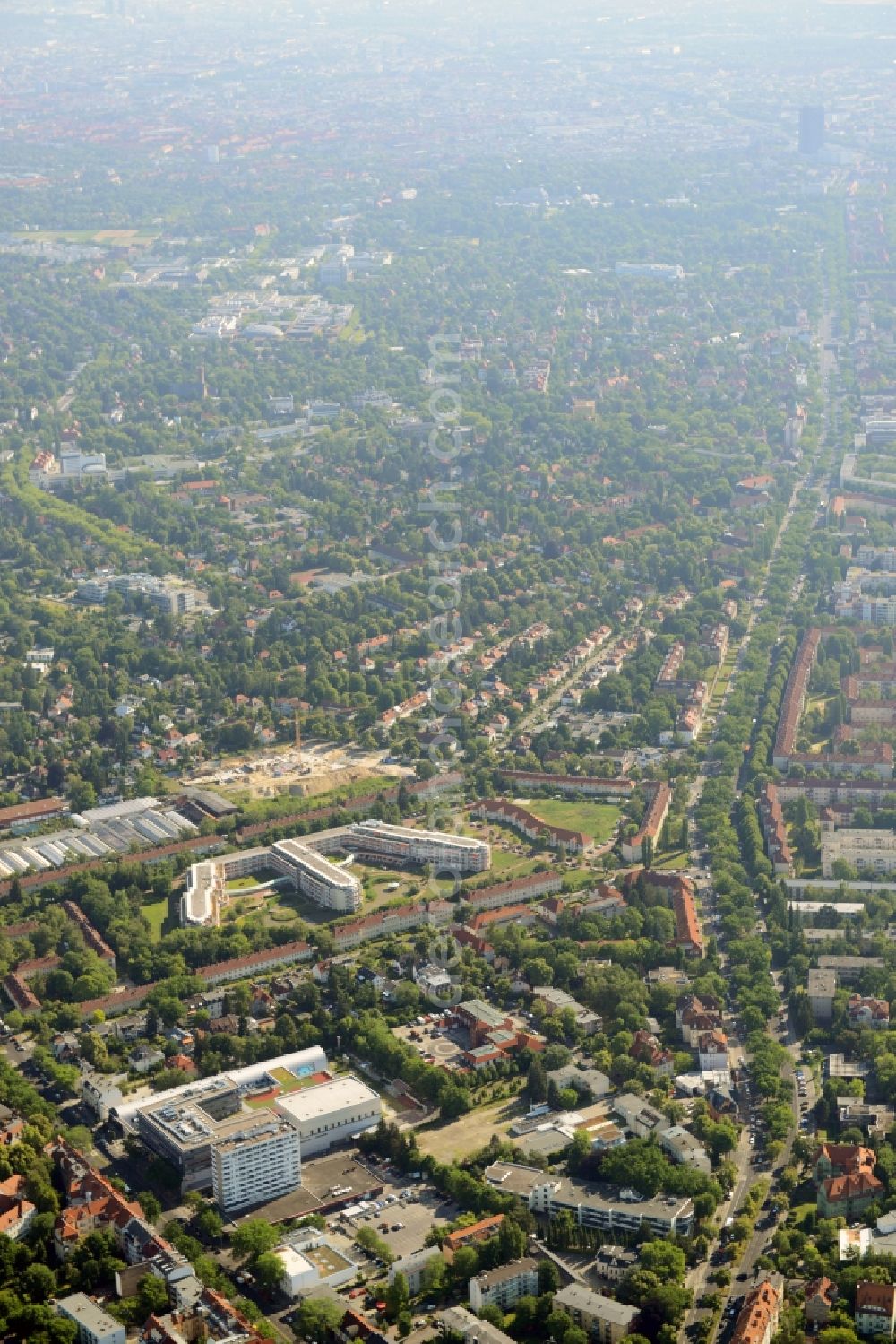 Berlin from above - Gewerbebrache der ehemaligen KFZ - Pruefstelle Zehlendorf an der Charlottenstrasse in the residential area of a multi-family house settlement in Berlin in Germany. The company CDS housing Berlin GmbH is planning to build a modern residential complex