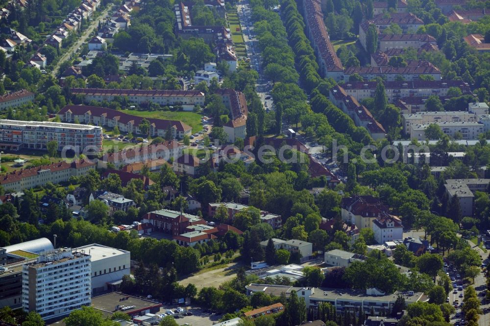 Aerial image Berlin - Gewerbebrache der ehemaligen KFZ - Pruefstelle Zehlendorf an der Charlottenstrasse in the residential area of a multi-family house settlement in Berlin in Germany. The company CDS housing Berlin GmbH is planning to build a modern residential complex