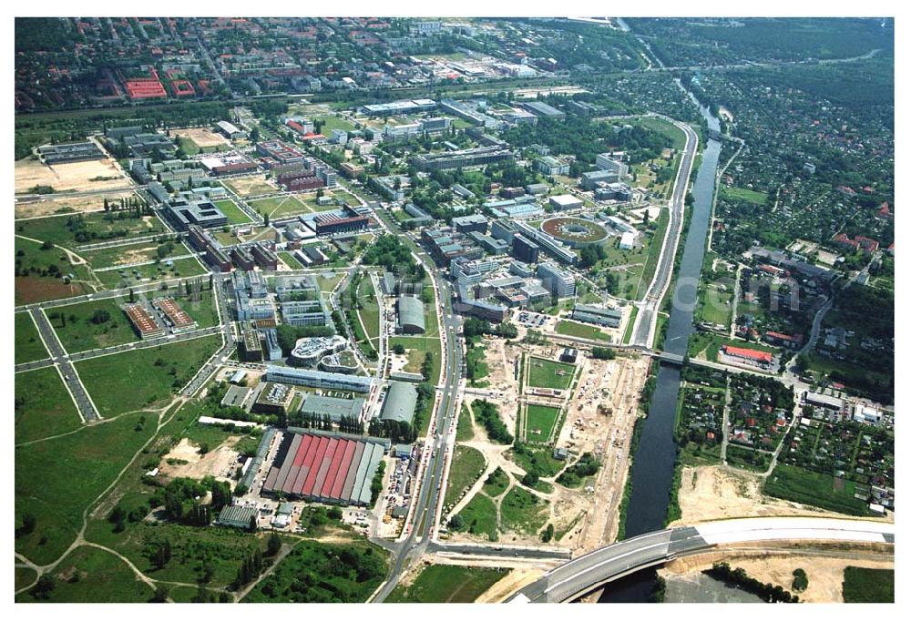 Berlin-Adlershof from above - Blick auf das Gewerbegebiet Adlershof in Berlin-Adlershof zwischen Ernst-Ruska-Ufer / Teltokanal und Adlergestell. Gelände der Studio Berlin GmbH (Tochtergesellschaft der Studio Hamburg)