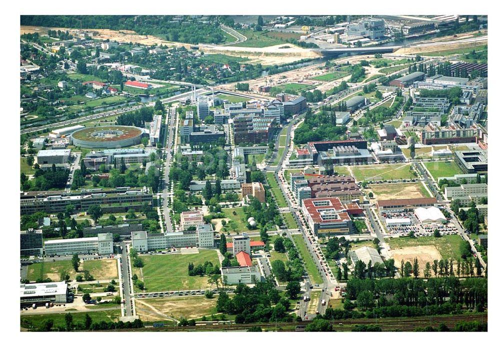 Berlin-Adlershof from above - Blick auf das Gewerbegebiet Adlershof in Berlin-Adlershof zwischen Ernst-Ruska-Ufer / Teltokanal und Adlergestell. Gelände der Studio Berlin GmbH (Tochtergesellschaft der Studio Hamburg)