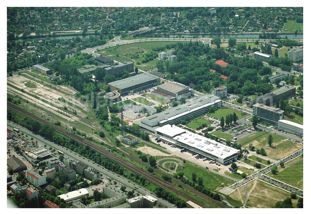 Berlin-Adlershof from above - Blick auf das Gewerbegebiet Adlershof in Berlin-Adlershof zwischen Ernst-Ruska-Ufer / Teltokanal und Adlergestell. Gelände der Studio Berlin GmbH (Tochtergesellschaft der Studio Hamburg)