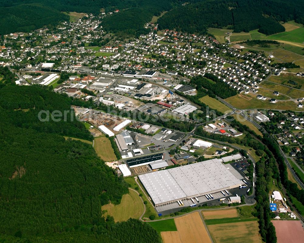 Bad Laasphe from above - Industrial estate and company settlement In of Aue in Bad Laasphe at Siegerland in the state North Rhine-Westphalia, Germany