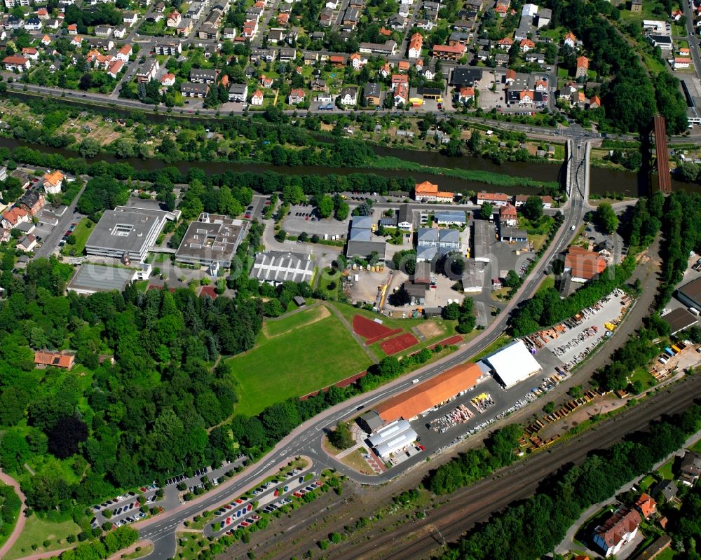 Aerial photograph Hann. Münden - Industrial estate and company settlement Vor of Bahn in Hann. Muenden in the state Lower Saxony, Germany