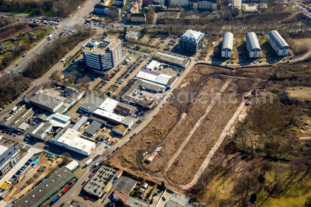 Aerial image Essen - Industrial estate and company settlement and construction site on Hilgerstrasse in Essen in the state of North Rhine-Westphalia