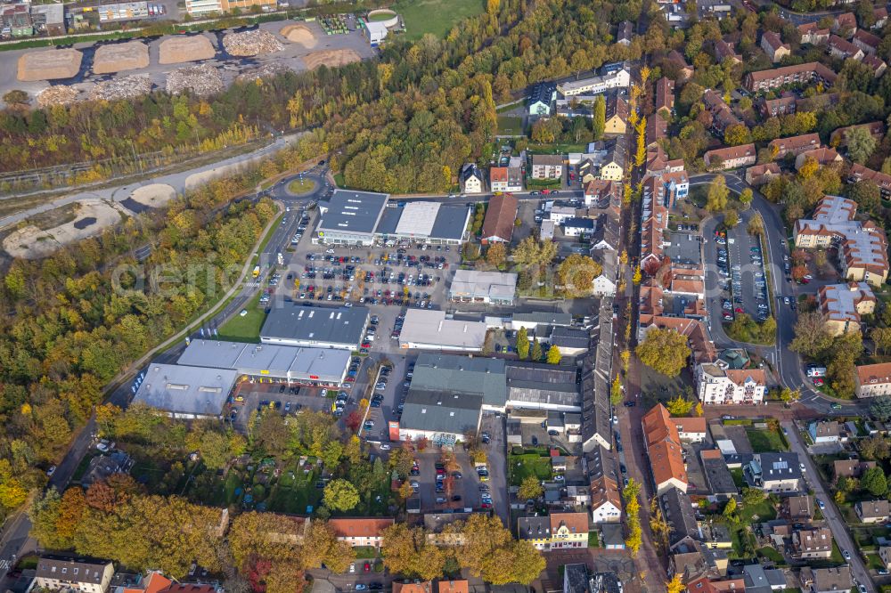 Bergkamen from the bird's eye view: Industrial estate and company settlement - shopping center on street Zweihausen in Bergkamen at Ruhrgebiet in the state North Rhine-Westphalia, Germany